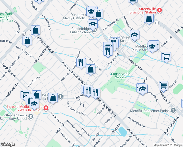 map of restaurants, bars, coffee shops, grocery stores, and more near 2945 Thomas Street in Mississauga