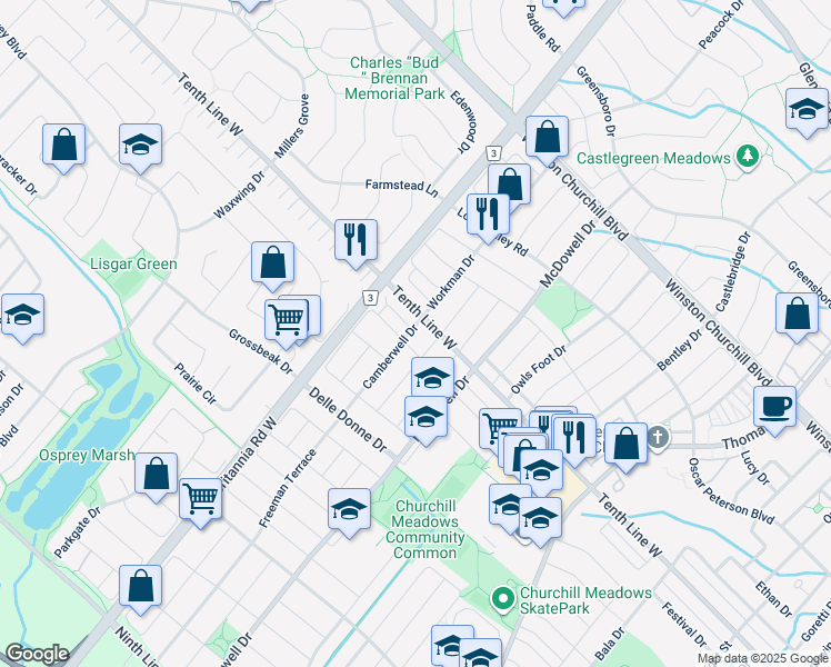 map of restaurants, bars, coffee shops, grocery stores, and more near 3204 Camberwell Drive in Mississauga
