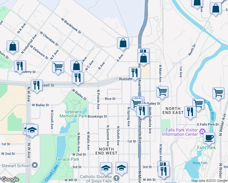 map of restaurants, bars, coffee shops, grocery stores, and more near 619 West Bennett Street in Sioux Falls