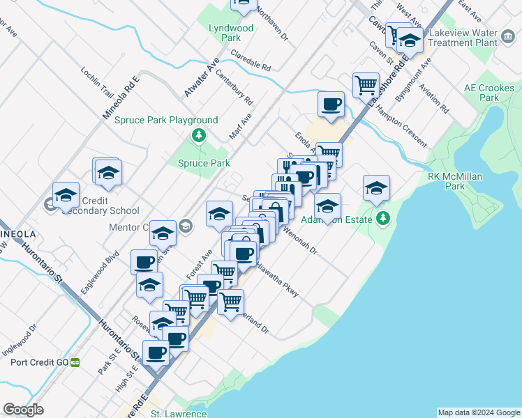map of restaurants, bars, coffee shops, grocery stores, and more near 26 Tecumseth Avenue in Mississauga