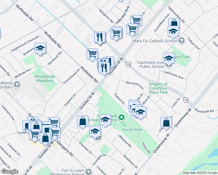 map of restaurants, bars, coffee shops, grocery stores, and more near 800 Dundas Street West in Mississauga