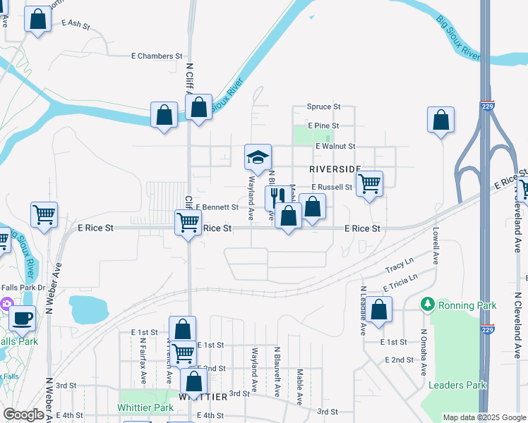 map of restaurants, bars, coffee shops, grocery stores, and more near 1411 North Blauvelt Avenue in Sioux Falls