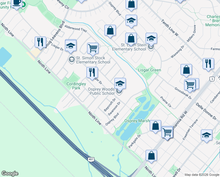 map of restaurants, bars, coffee shops, grocery stores, and more near 6281 Lisgar Drive in Mississauga
