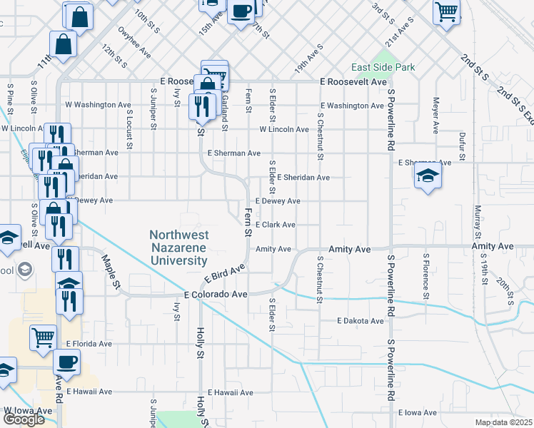 map of restaurants, bars, coffee shops, grocery stores, and more near 615 South Elder Street in Nampa