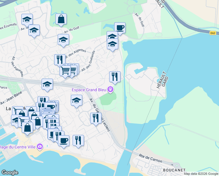 map of restaurants, bars, coffee shops, grocery stores, and more near Rue Saint-Louis in La Grande-Motte