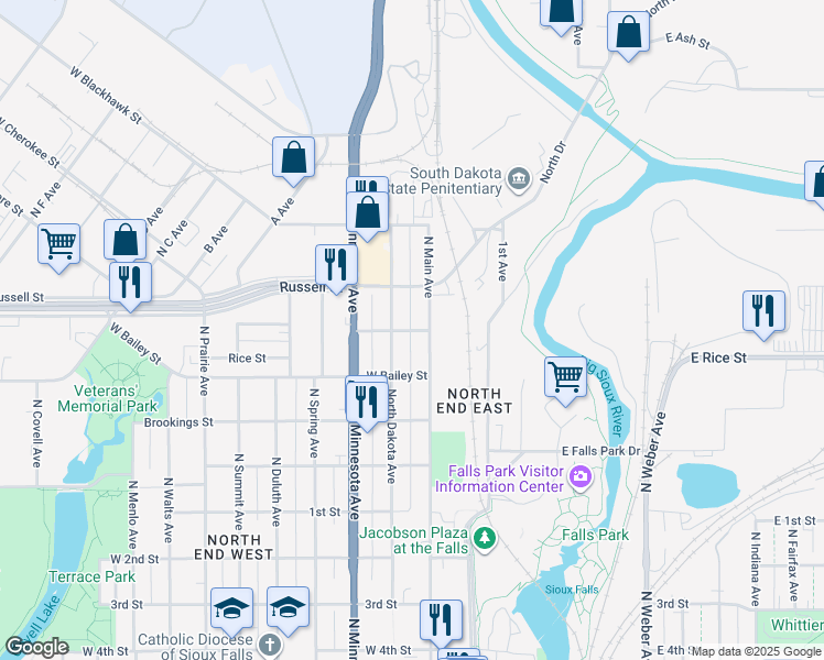 map of restaurants, bars, coffee shops, grocery stores, and more near 100-298 West Bennett Street in Sioux Falls