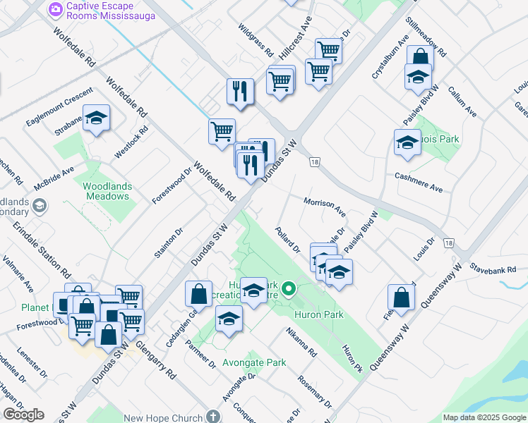 map of restaurants, bars, coffee shops, grocery stores, and more near 800 Dundas Street West in Mississauga