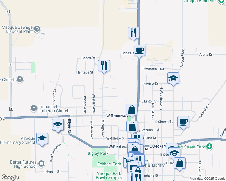 map of restaurants, bars, coffee shops, grocery stores, and more near 305 Chase Street in Viroqua