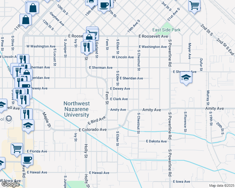 map of restaurants, bars, coffee shops, grocery stores, and more near 615 South Elder Street in Nampa