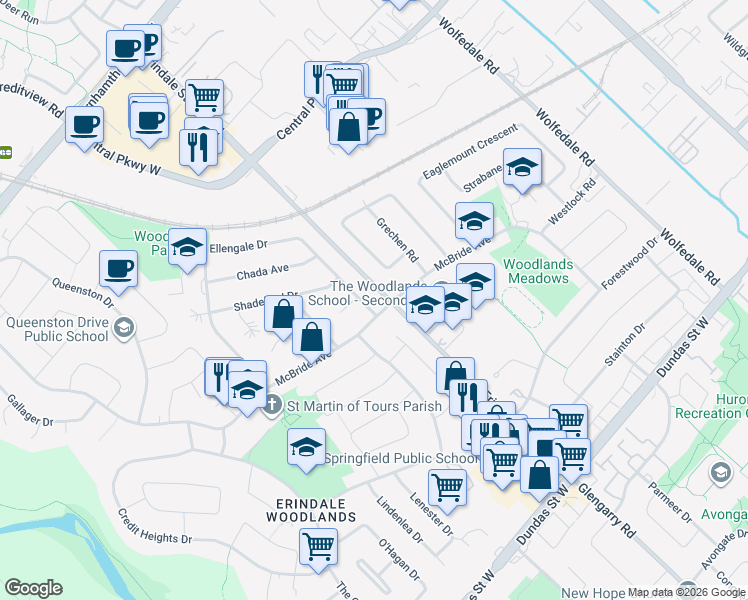 map of restaurants, bars, coffee shops, grocery stores, and more near 3722 Ellengale Drive in Mississauga