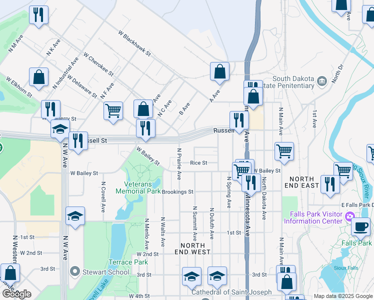 map of restaurants, bars, coffee shops, grocery stores, and more near 701 West Russell Street in Sioux Falls