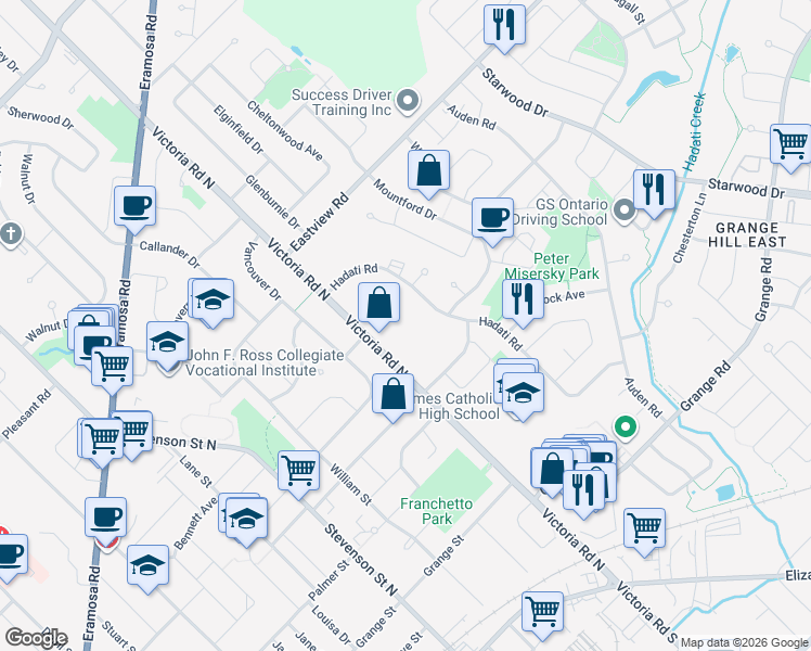 map of restaurants, bars, coffee shops, grocery stores, and more near 129 Victoria Road North in Guelph