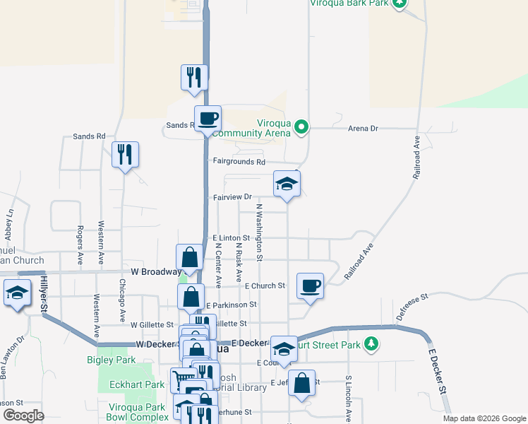 map of restaurants, bars, coffee shops, grocery stores, and more near 416 Sherry Lane in Viroqua