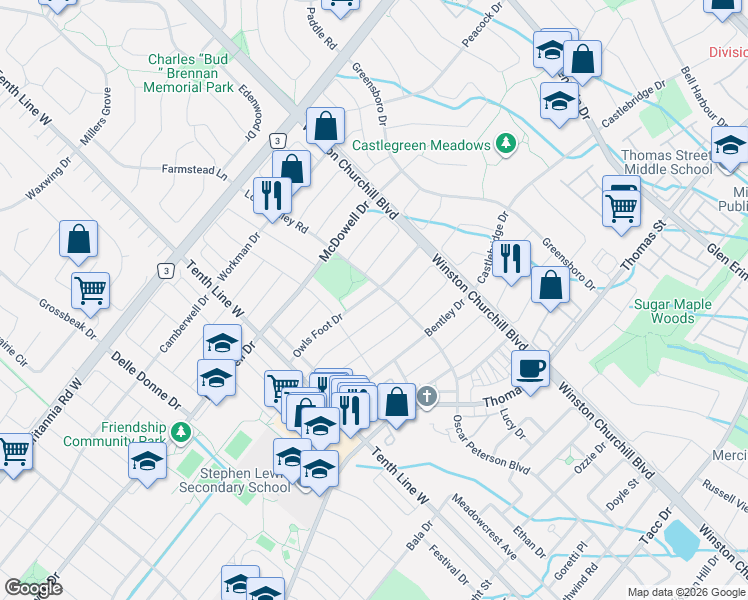 map of restaurants, bars, coffee shops, grocery stores, and more near 3092 Owls Foot Drive in Mississauga