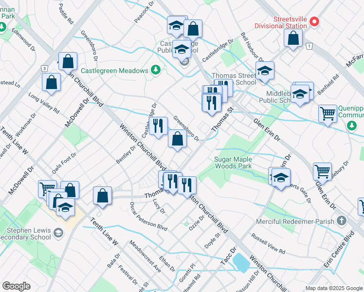 map of restaurants, bars, coffee shops, grocery stores, and more near 2945 Thomas Street in Mississauga