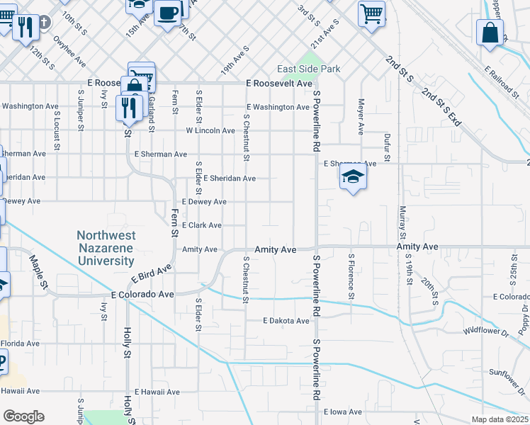 map of restaurants, bars, coffee shops, grocery stores, and more near 607 Banner Street in Nampa
