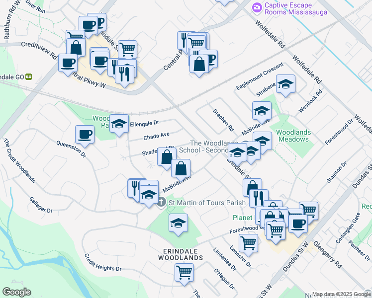 map of restaurants, bars, coffee shops, grocery stores, and more near in Mississauga