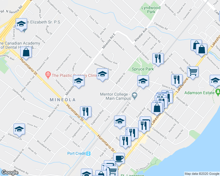 map of restaurants, bars, coffee shops, grocery stores, and more near 161 Angelene Street in Mississauga