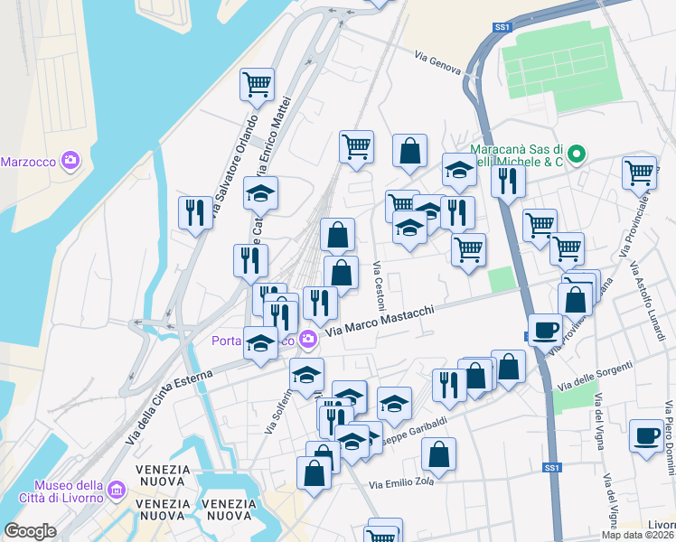 map of restaurants, bars, coffee shops, grocery stores, and more near 32 Via Francesco Pera in Livorno