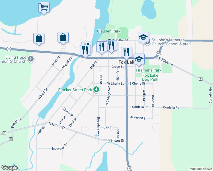 map of restaurants, bars, coffee shops, grocery stores, and more near 301 South College Avenue in Fox Lake