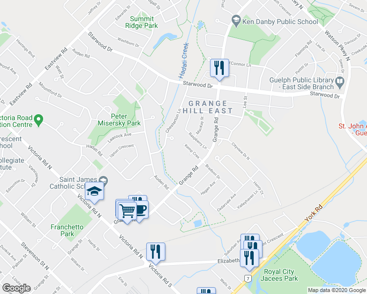 map of restaurants, bars, coffee shops, grocery stores, and more near 133 Kemp Crescent in Guelph