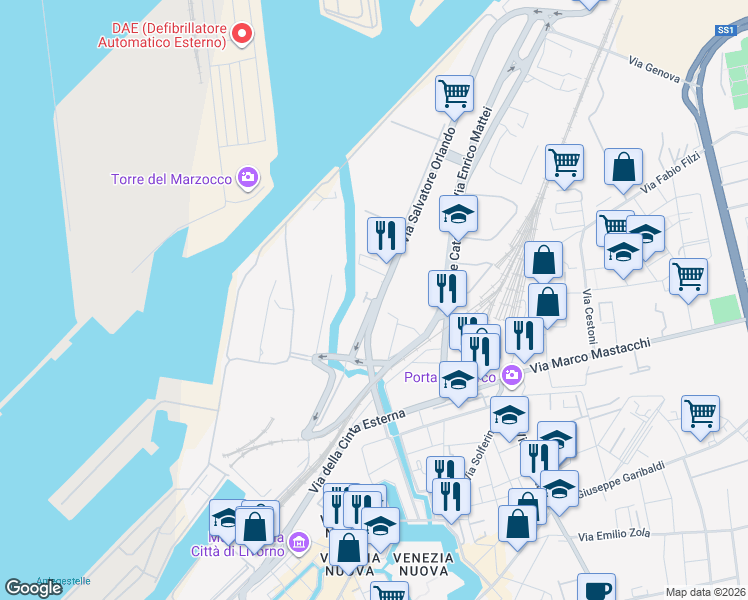 map of restaurants, bars, coffee shops, grocery stores, and more near 9 Via Pietro Paleocapa in Livorno