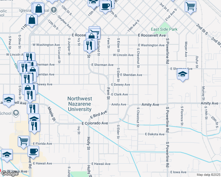 map of restaurants, bars, coffee shops, grocery stores, and more near 615 South Elder Street in Nampa
