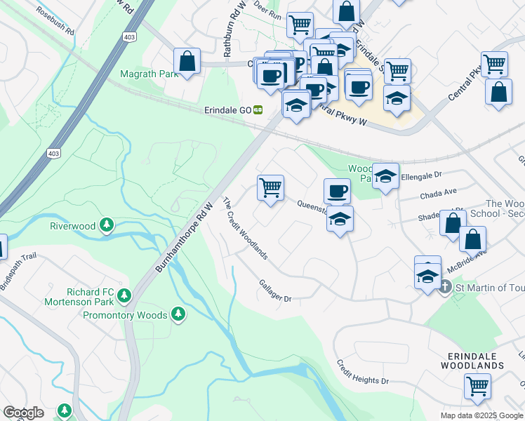 map of restaurants, bars, coffee shops, grocery stores, and more near in Mississauga