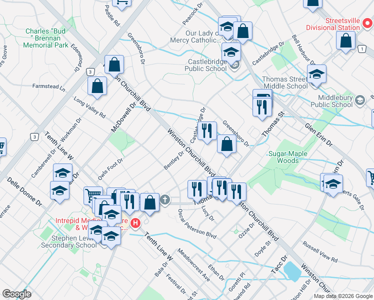 map of restaurants, bars, coffee shops, grocery stores, and more near 5650 Winston Churchill Boulevard in Mississauga