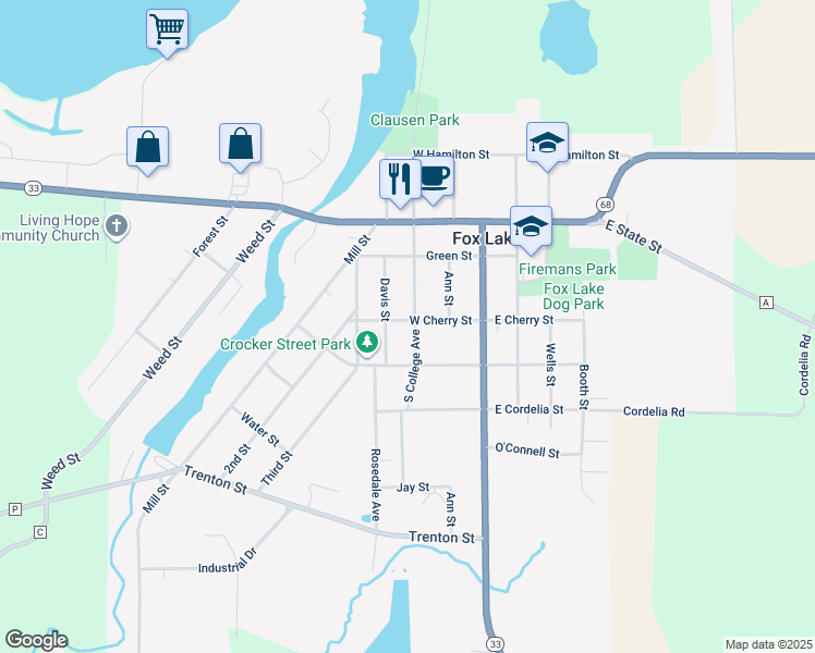 map of restaurants, bars, coffee shops, grocery stores, and more near 301 South College Avenue in Fox Lake