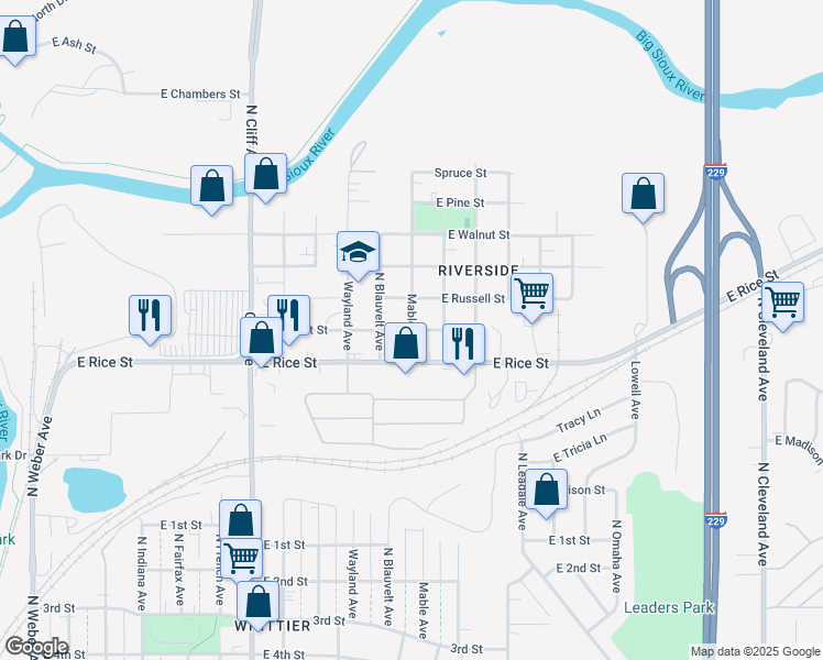 map of restaurants, bars, coffee shops, grocery stores, and more near 1701 East Bennett Street in Sioux Falls