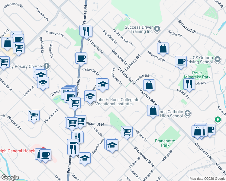 map of restaurants, bars, coffee shops, grocery stores, and more near 2 Callander Drive in Guelph