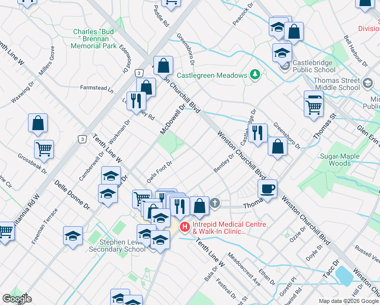 map of restaurants, bars, coffee shops, grocery stores, and more near 3086 Owls Foot Drive in Mississauga