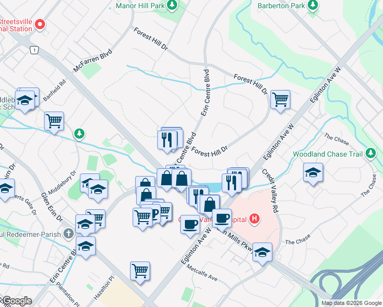 map of restaurants, bars, coffee shops, grocery stores, and more near 4855 Forest Hill Drive in Mississauga