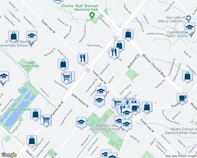 map of restaurants, bars, coffee shops, grocery stores, and more near 3204 Camberwell Drive in Mississauga