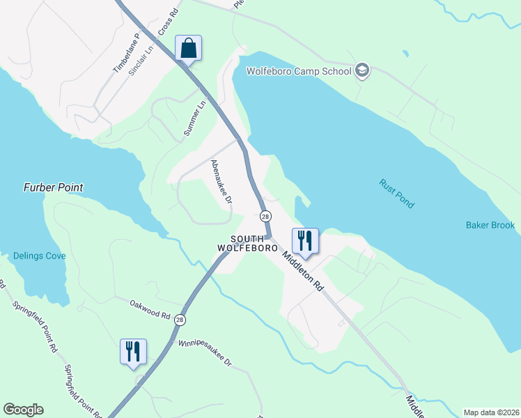 map of restaurants, bars, coffee shops, grocery stores, and more near 625 Tuftonboro Road in Wolfeboro