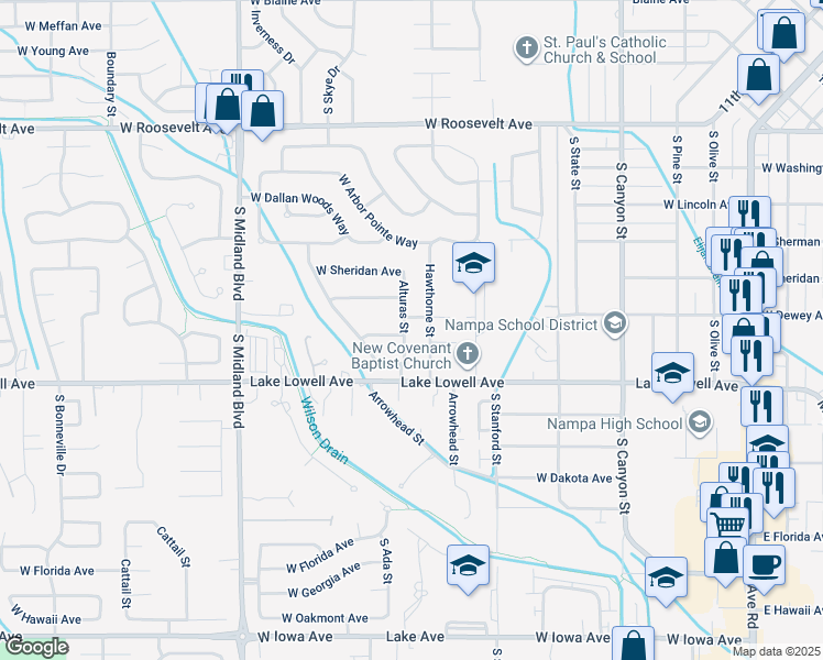 map of restaurants, bars, coffee shops, grocery stores, and more near 614 Alturas Street in Nampa