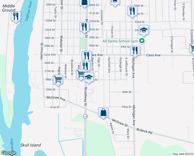 map of restaurants, bars, coffee shops, grocery stores, and more near 909 38th Street in Bay City