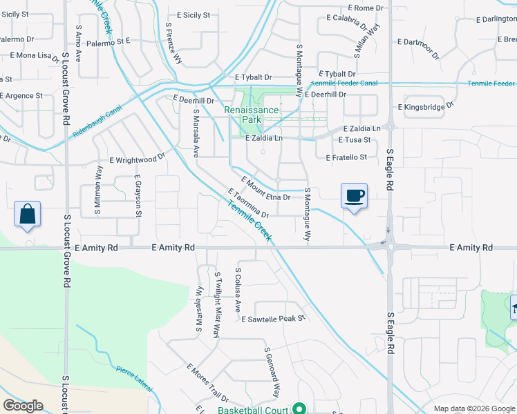 map of restaurants, bars, coffee shops, grocery stores, and more near 2536 East Taormina Drive in Meridian