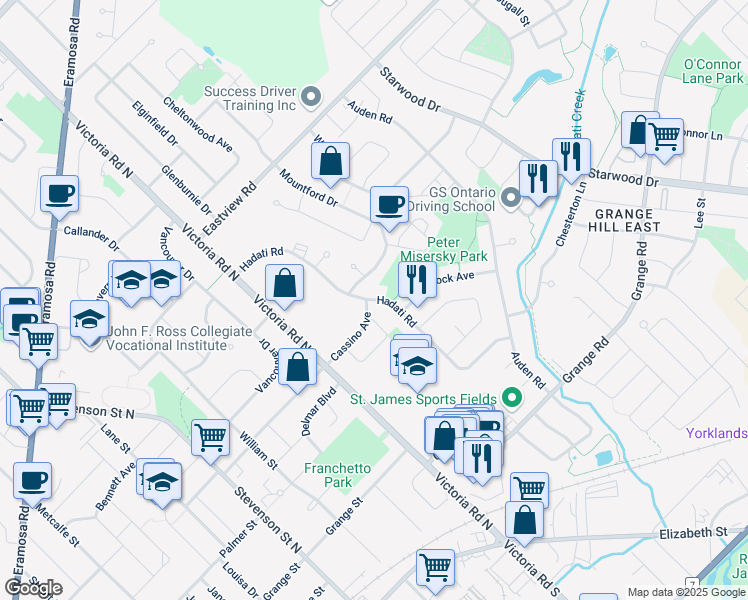 map of restaurants, bars, coffee shops, grocery stores, and more near Hadati Road in Guelph