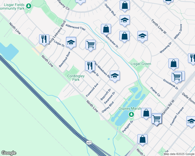 map of restaurants, bars, coffee shops, grocery stores, and more near 6306 Lisgar Drive in Mississauga