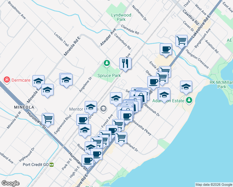 map of restaurants, bars, coffee shops, grocery stores, and more near 4 Iroquois Avenue in Mississauga