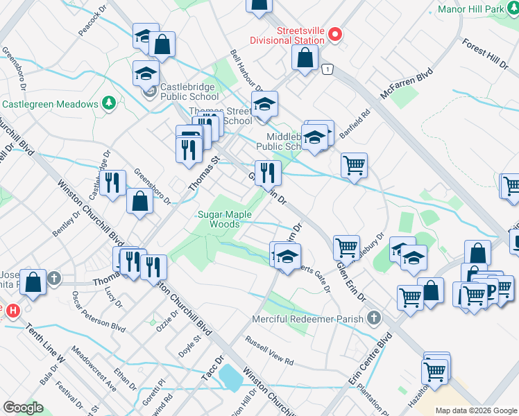 map of restaurants, bars, coffee shops, grocery stores, and more near 5490 Glen Erin Drive in Mississauga