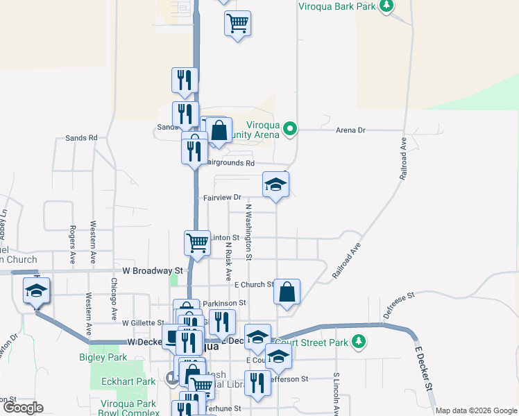 map of restaurants, bars, coffee shops, grocery stores, and more near 416 Sherry Lane in Viroqua