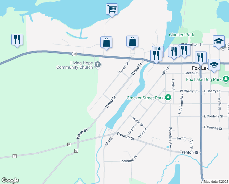 map of restaurants, bars, coffee shops, grocery stores, and more near 219 Weed St in Fox Lake