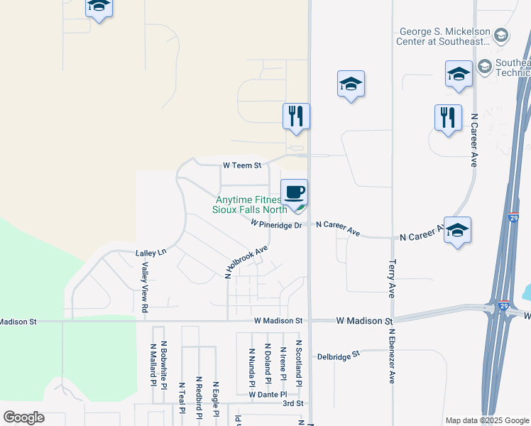 map of restaurants, bars, coffee shops, grocery stores, and more near 1405 North Holbrook Avenue in Sioux Falls