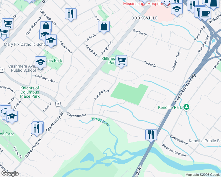 map of restaurants, bars, coffee shops, grocery stores, and more near 434 Isabella Avenue in Mississauga