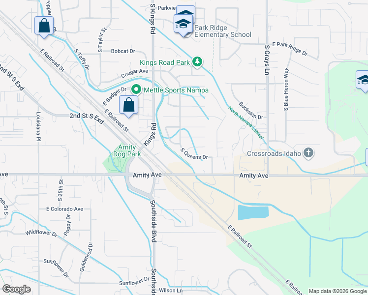 map of restaurants, bars, coffee shops, grocery stores, and more near 616 South Queens Drive in Nampa