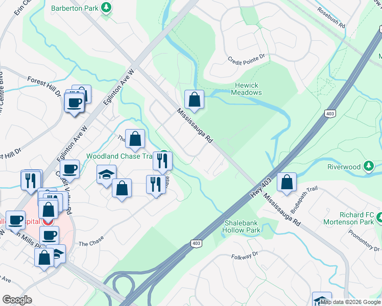 map of restaurants, bars, coffee shops, grocery stores, and more near 4475 Badminton Drive in Mississauga