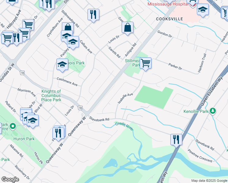 map of restaurants, bars, coffee shops, grocery stores, and more near 2319 Kenbarb Road in Mississauga